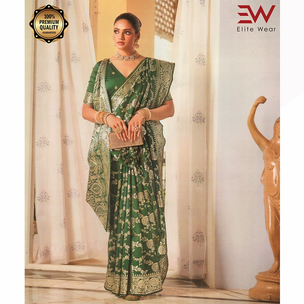 Gujrati Pure Handloom Katan Saree with Blouse Piece for Women - Dark Green - A-642 A