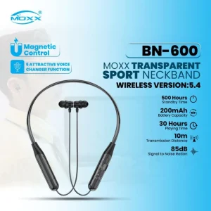 MOXX BN-600 Transparent Sport Neckband, Transparent Neckband, Voice Changer Earphone, Wireless Neckband 5.4, Best Budget Neckband Bangladesh, Bluetooth Earphone with 30 hours backup, zozoj
