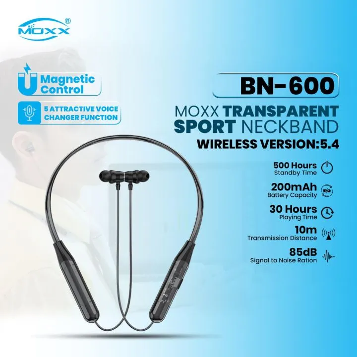 MOXX BN-600 Transparent Sport Neckband, Transparent Neckband, Voice Changer Earphone, Wireless Neckband 5.4, Best Budget Neckband Bangladesh, Bluetooth Earphone with 30 hours backup, zozoj